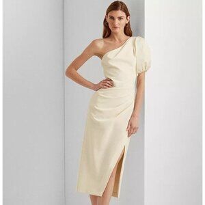 Lauren Ralph Lauren Cream One-Shoulder Ruched Midi Dress With Puff Sleeve, 4